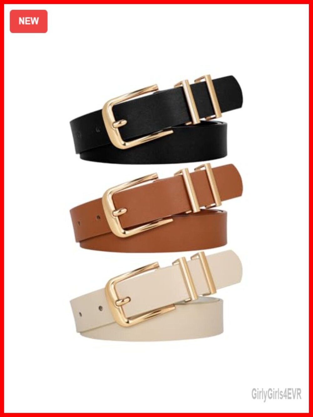 3 Pack Women's PU Leather Belts with Gold Buckle for Jeans Pants